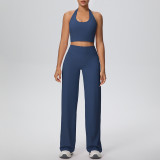 Women Solid Halter Neck Top and Wide-Leg Pants Yoga Sports Running Fitness Two-Piece Set