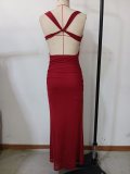 Women Elegant Draped Metal Ring Backless Cross-Strap Camisole Evening Dress