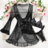 Women's Sexy Polka Dot See-Through Lace Ruffle Robe Three-Piece Lingerie