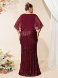Autumn Winter Women's Chic Career Formal Plus Size Chiffon Patchwork Sequin V-Neck Short Sleeve Evening Gown