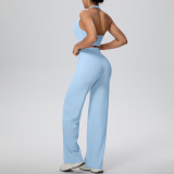 Women Solid Halter Neck Top and Wide-Leg Pants Yoga Sports Running Fitness Two-Piece Set