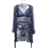 Women's Sexy Polka Dot See-Through Lace Ruffle Robe Three-Piece Lingerie