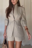 Women's Chic Solid Short Sleeve Slim Fit Suit Two-Piece Blazer Shorts Set