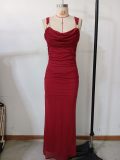 Women Elegant Draped Metal Ring Backless Cross-Strap Camisole Evening Dress