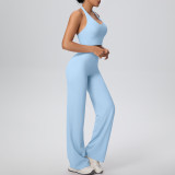 Women Solid Halter Neck Top and Wide-Leg Pants Yoga Sports Running Fitness Two-Piece Set