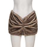 Women Side Pleated Furry Bodycon Skirt