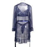 Women's Sexy Polka Dot See-Through Lace Ruffle Robe Three-Piece Lingerie