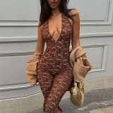 Women Sexy Lace Patchwork V-Neck Halter Neck Backless Jumpsuit