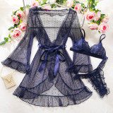 Women's Sexy Polka Dot See-Through Lace Ruffle Robe Three-Piece Lingerie