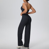 Women Solid Halter Neck Top and Wide-Leg Pants Yoga Sports Running Fitness Two-Piece Set