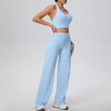 Women Solid Halter Neck Top and Wide-Leg Pants Yoga Sports Running Fitness Two-Piece Set