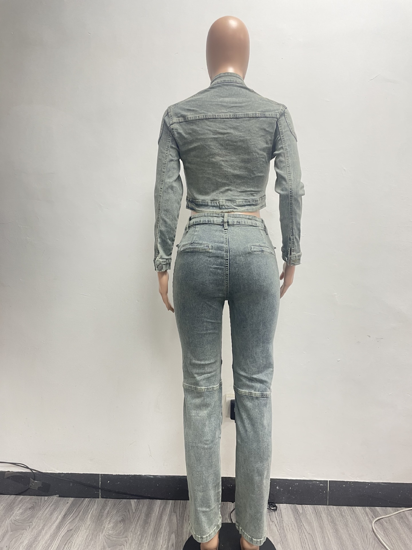 Women's Fashion Sexy Casual High Stretch Patchwork Washed Denim Two-Piece Pants Set
