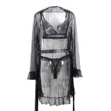Women's Sexy Polka Dot See-Through Lace Ruffle Robe Three-Piece Lingerie
