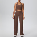Women Solid Halter Neck Top and Wide-Leg Pants Yoga Sports Running Fitness Two-Piece Set