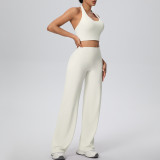 Women Solid Halter Neck Top and Wide-Leg Pants Yoga Sports Running Fitness Two-Piece Set