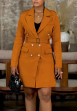 Autumn Winter Women's Long Sleeve Career Double-Breasted Solid Dress