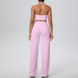 Women Solid Halter Neck Top and Wide-Leg Pants Yoga Sports Running Fitness Two-Piece Set