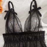 Women's Sexy Black Polka Dot Mesh Lace Patchwork See-Through Thong Strap Nightdress Set
