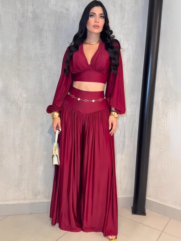 Summer Women's Pleated Cropped Top Wide Leg Pants Two-Piece Set