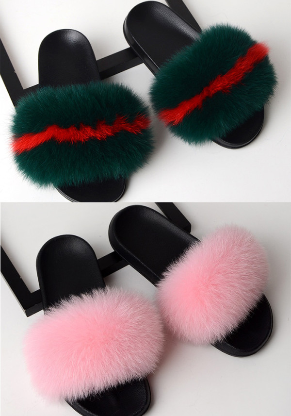 Summer Women's Outdoor Real Fox Fur Plush Flip-Flops