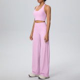Women Solid Halter Neck Top and Wide-Leg Pants Yoga Sports Running Fitness Two-Piece Set