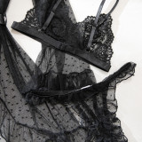 Women's Sexy Polka Dot See-Through Lace Ruffle Robe Three-Piece Lingerie