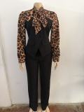 Women's Elegant Leopard Print Patchwork Tie Waist Wide Leg Jumpsuit