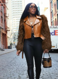 Autumn Winter Women's Fashion Street Patchwork Short Faux Leather Fur Jacket