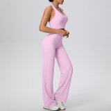 Women Solid Halter Neck Top and Wide-Leg Pants Yoga Sports Running Fitness Two-Piece Set