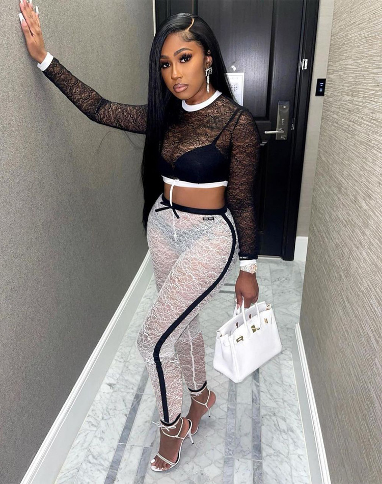 Autumn Women's Sexy Lace Long Sleeve Crop Two-Piece Pants Set