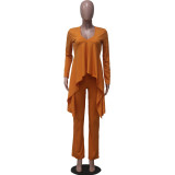 Women Casual Ribbed Irregular Long-Sleeve V-Neck Top and Pant Two-Piece Set