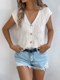 Women Spring/Summer Casual Solid Button-Up V-Neck Knitting Top Holidays Top