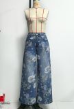 Women Floral Denim Print Wide-Leg Pants