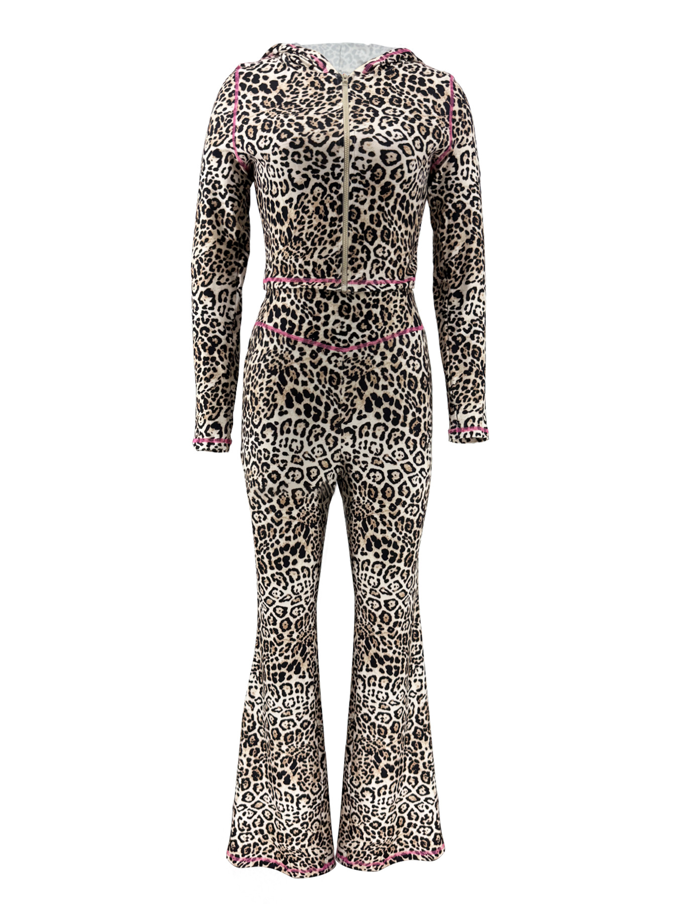 Women Autumn Holidays Casual Sexy Leopard Print Hooded Top and Bell Bottom Pant Two-Piece Set