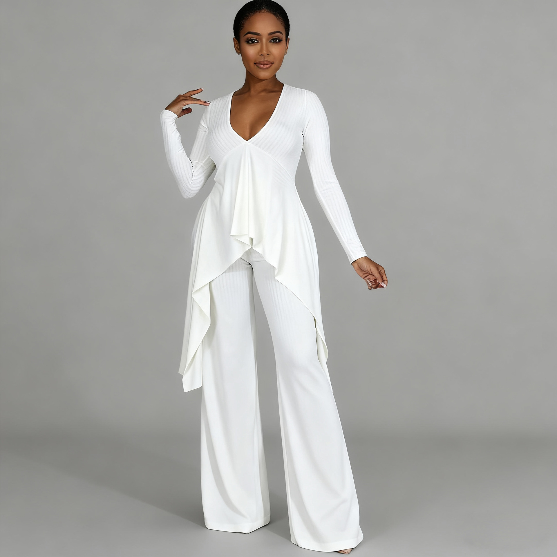 Women Casual Ribbed Irregular Long-Sleeve V-Neck Top and Pant Two-Piece Set