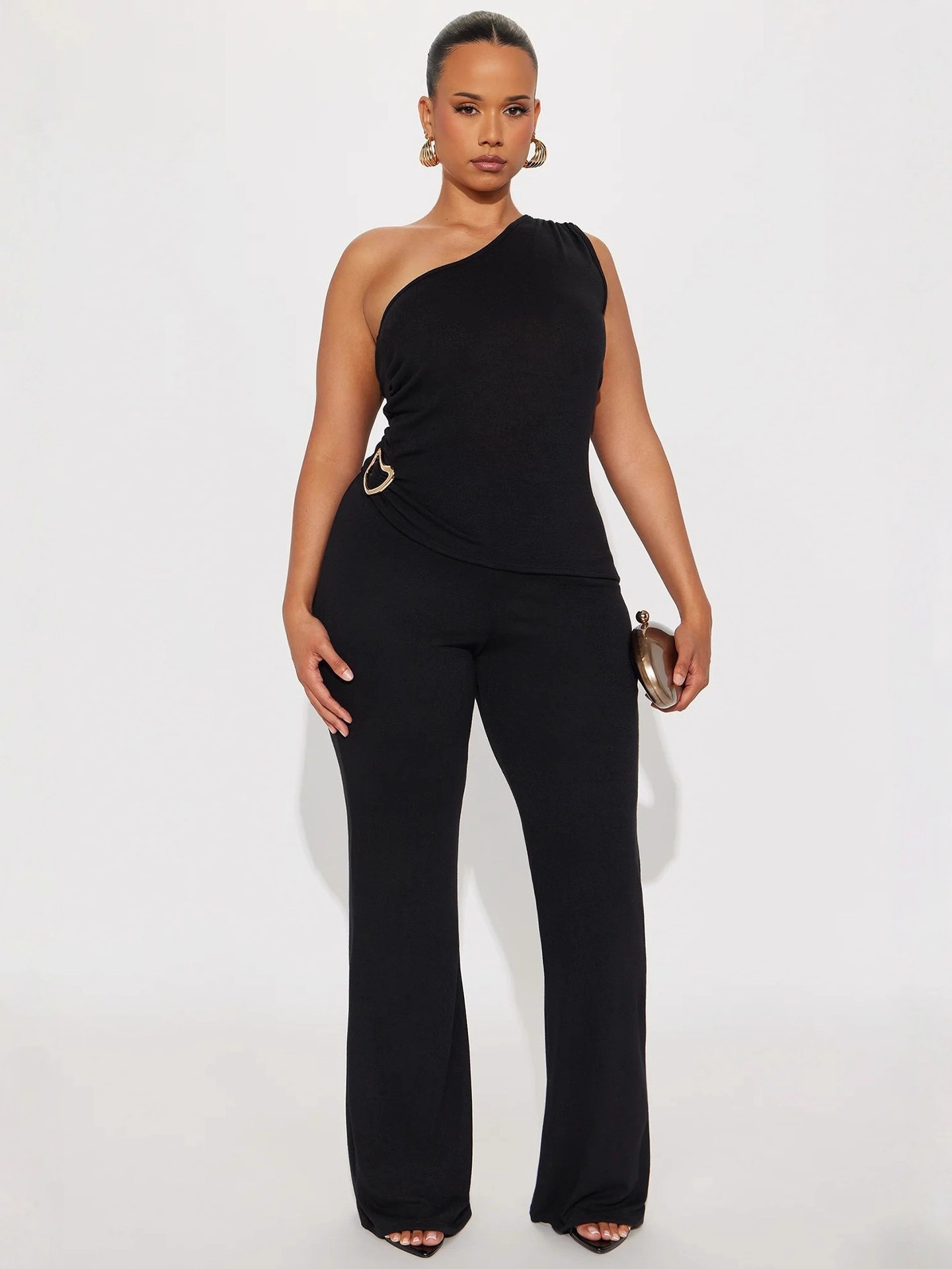 Women Metallic Solid Sexy Slash Shoulder Top and Pants Two-Piece Set