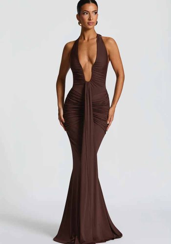 Women Halter Neck V Neck Sexy Backless Pleated Maxi Dress