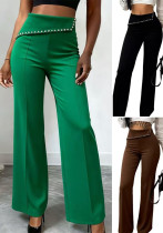 Women Rhinestone Belt Wide-Leg Pants