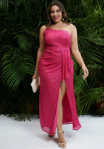 Plus Size Women Autumn/Winter Sexy Sequin Slash Shoulder Evening Dress