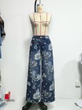Women Floral Denim Print Wide-Leg Pants