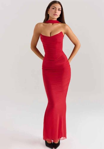 Women Sexy Strapless Top Halter Neck and Skirt Two-Piece Set