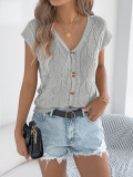 Women Spring/Summer Casual Solid Button-Up V-Neck Knitting Top Holidays Top