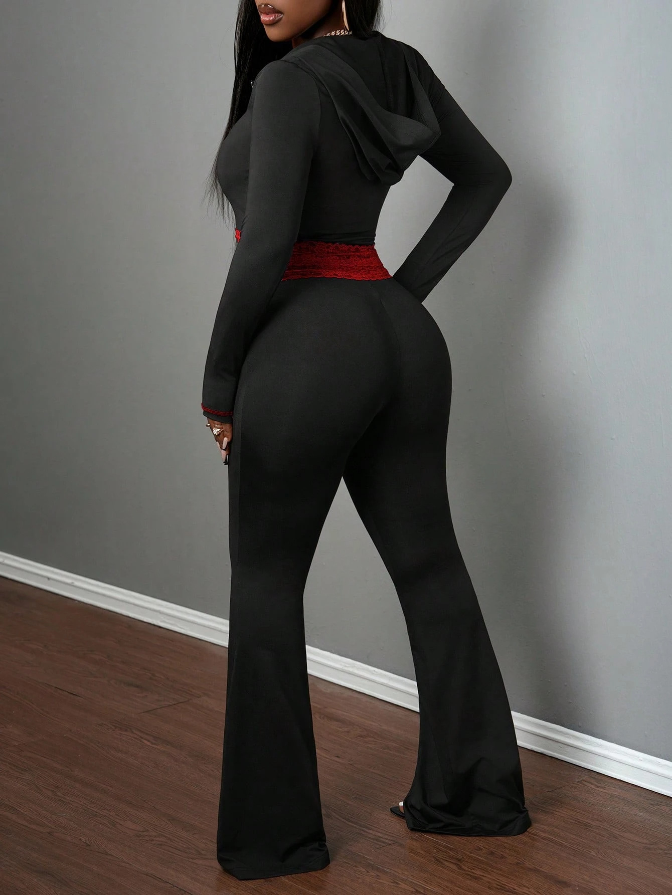 Women Solid Hooded Patchwork Lace Casual Zipper Top and Pants Two-Piece Set