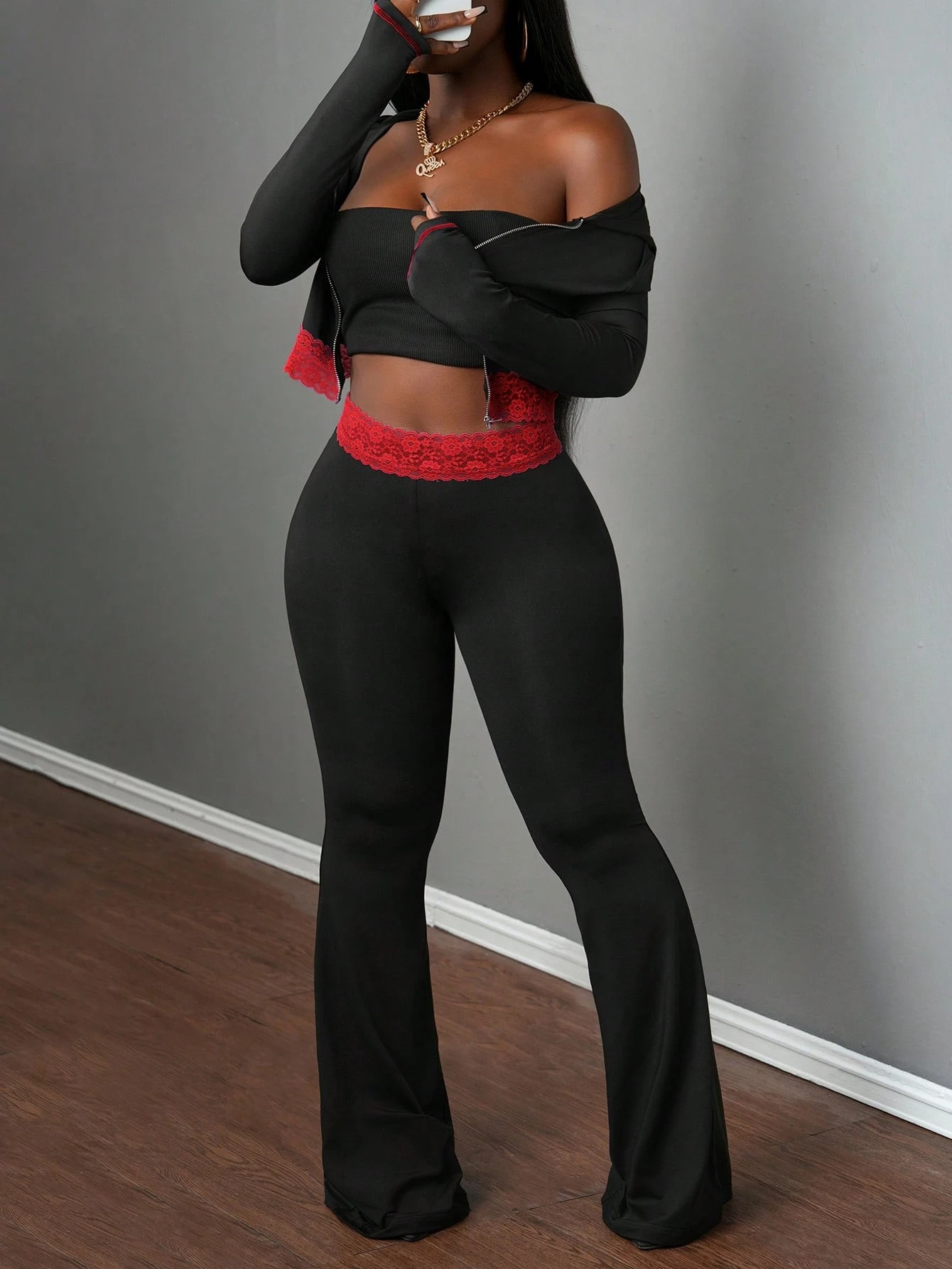 Women Solid Hooded Patchwork Lace Casual Zipper Top and Pants Two-Piece Set