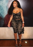Women Summer Lace See-Through Sleeveless Patterned Crop Top and Pant Two-Piece Set