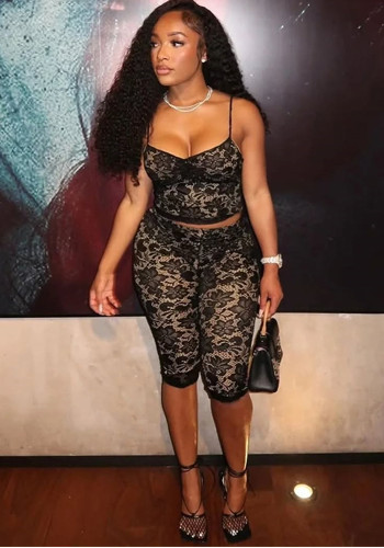 Women Summer Lace See-Through Sleeveless Patterned Crop Top and Pant Two-Piece Set