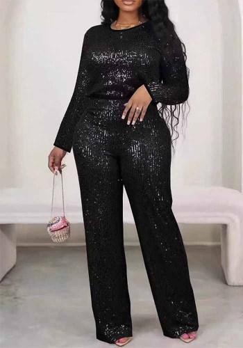 Women Elegant Long-Sleeved Round Neck Sequin Two-Piece Set