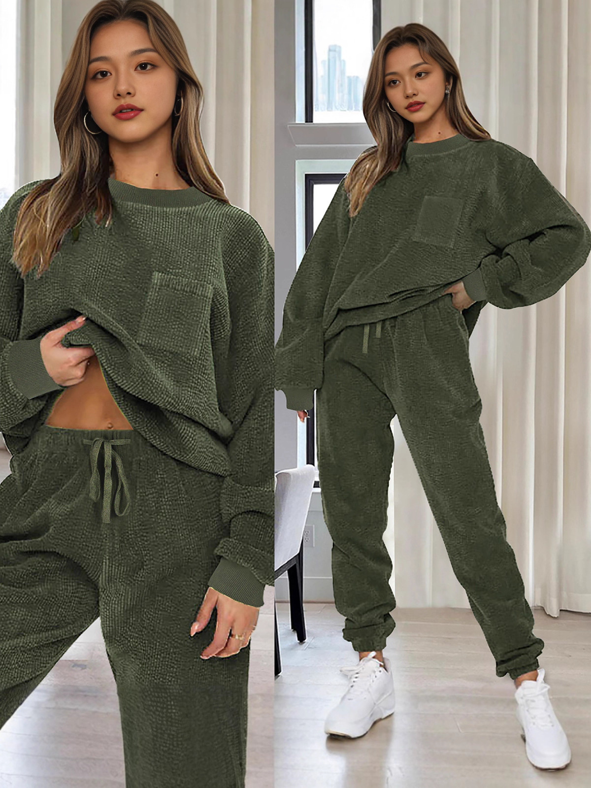 Plus Size Women Casual Solid Long-Sleeved Top and Pants Two-Piece Set