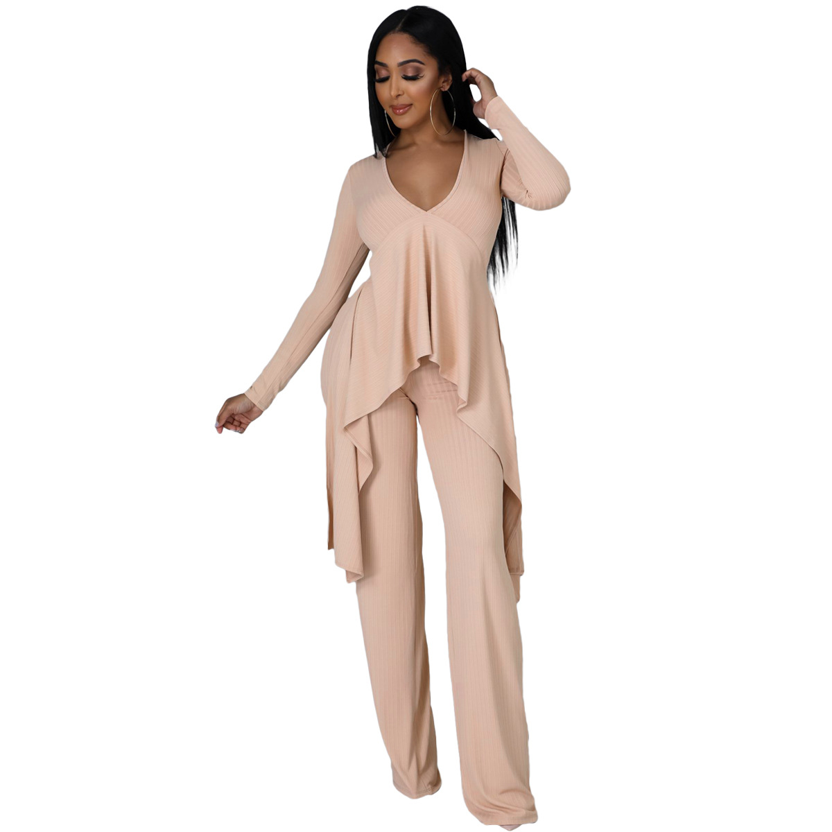 Women Casual Ribbed Irregular Long-Sleeve V-Neck Top and Pant Two-Piece Set