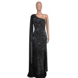 Women Sequined Irregular Slash Shoulder Hollow-Out Dress